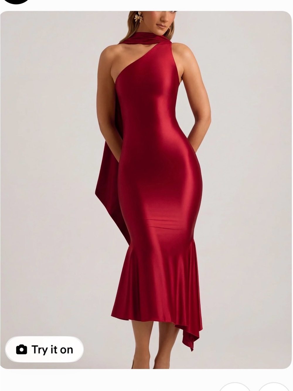 Oh Polly One-Shoulder Satin Midi Dress in Deep Red